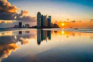 el Dom conjuntos terminado un ciudad horizonte reflejado en el agua. generado por ai foto