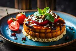 a plate with a dessert topped with strawberries and nuts. AI-Generated photo