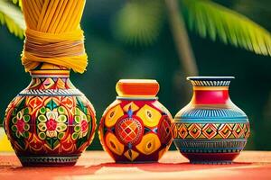 three colorful vases with yellow ribbon on a red table. AI-Generated photo