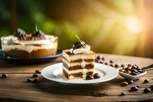 a slice of cake on a plate with coffee beans. AI-Generated photo