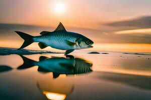un pescado es reflejado en el agua a puesta de sol. generado por ai foto