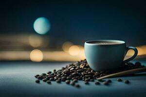 coffee beans, cup, coffee, the night, hd wallpaper. AI-Generated photo