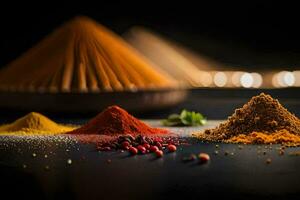 various spices and spices on a black background. AI-Generated photo