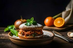 a sandwich with meat and vegetables on a wooden table. AI-Generated photo