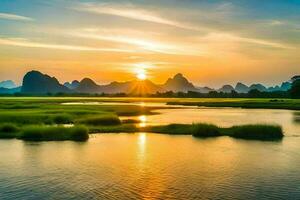 the sun sets over the li river in china. AI-Generated photo