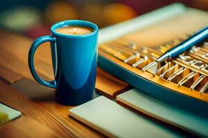 a blue mug of coffee on a desk next to a keyboard. AI-Generated photo