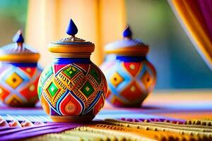 colorful vases on a table with colorful cloth. AI-Generated photo