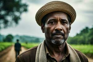 a man in a hat stands in the middle of a dirt road. AI-Generated photo