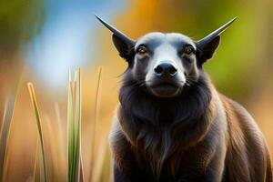 a black goat with horns standing in tall grass. AI-Generated photo