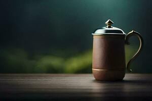 a brown coffee pot on a wooden table. AI-Generated photo