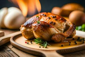 un asado pollo en un de madera corte tablero. generado por ai foto