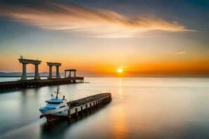 un barco es atracado a el muelle a puesta de sol. generado por ai foto