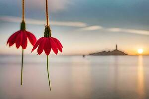 two red flowers hanging from a rope in front of the ocean. AI-Generated photo
