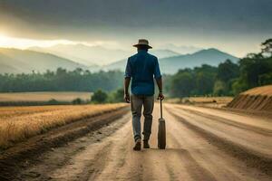 a man with a hat and a suitcase walks down a dirt road. AI-Generated photo