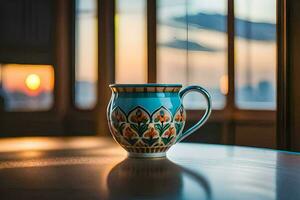a coffee cup sits on a table in front of a window. AI-Generated photo