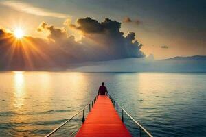 a man stands on a red bridge over the ocean. AI-Generated photo