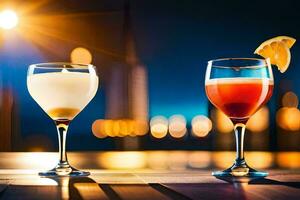 two glasses of alcohol with a city skyline in the background. AI-Generated photo