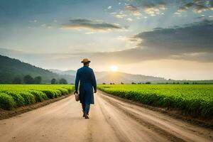 a man walks in the middle of a field. AI-Generated photo