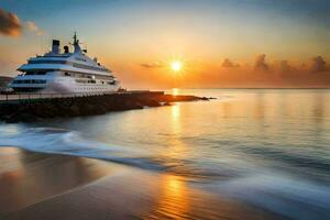 a luxury yacht docked at sunset on the beach. AI-Generated photo