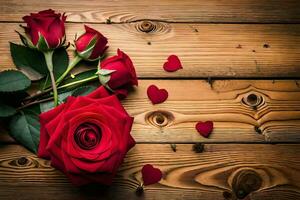 red roses on a wooden background. AI-Generated photo