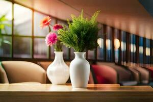 two vases with flowers on a table. AI-Generated photo