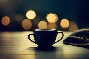 un taza de café en un mesa con un sombrero. generado por ai foto