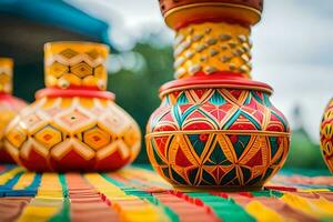 colorful vases on a colorful tablecloth. AI-Generated photo