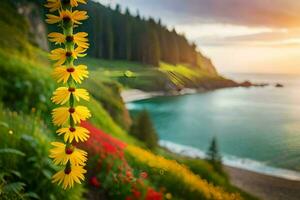 yellow flowers on a hillside near the ocean. AI-Generated photo