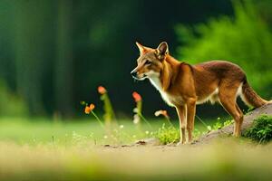 a red fox standing on a grassy hill. AI-Generated photo