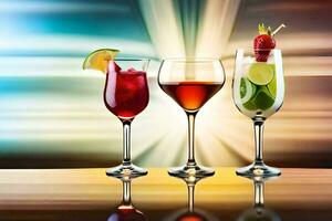 three glasses of different drinks with a bright light behind them. AI-Generated photo