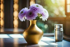 purple flowers in a gold vase on a table. AI-Generated photo