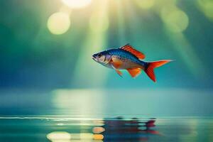 un pescado es volador terminado agua con luz de sol brillante. generado por ai foto