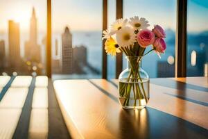 a vase of flowers on a table with a cityscape in the background. AI-Generated photo