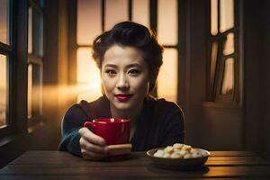 un mujer participación un taza de café y un cuenco de galletas. generado por ai foto