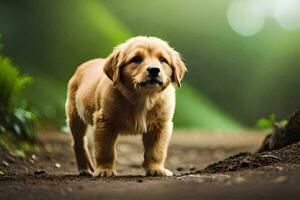 a golden retriever puppy standing on a dirt road. AI-Generated photo