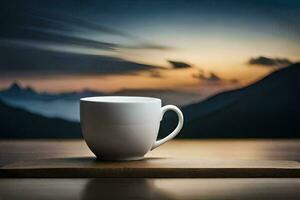 a coffee cup sits on a wooden table with mountains in the background. AI-Generated photo