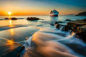 un crucero Embarcacion navegación mediante el Oceano a puesta de sol. generado por ai foto