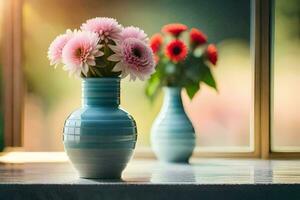 two vases with flowers sitting on a window sill. AI-Generated photo