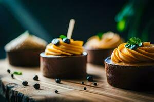 three cupcakes with frosting on top on a wooden table. AI-Generated photo