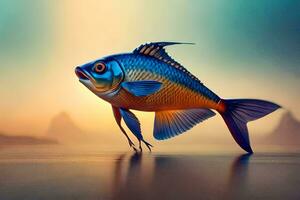 a fish is standing on the water with a sunset in the background. AI-Generated photo