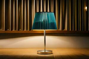 a blue lamp on a wooden table. AI-Generated photo