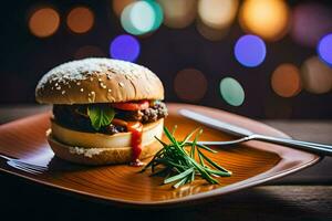 a hamburger with tomato sauce and green herbs on a wooden plate. AI-Generated photo