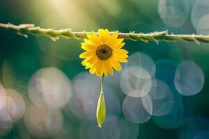 a single yellow sunflower is hanging from a branch. AI-Generated photo