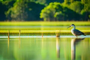 un pájaro en pie en el agua cerca césped. generado por ai foto