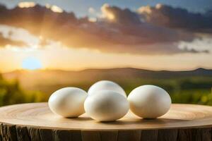 four white eggs on a wooden table with the sun setting behind them. AI-Generated photo