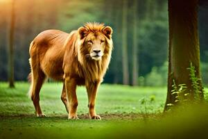 un león en pie en el césped en el bosque. generado por ai foto