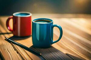 two coffee cups on a wooden table. AI-Generated photo