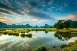 el montañas y agua son reflejado en el río. generado por ai foto