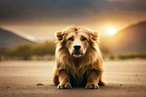 a lion sitting on the ground at sunset. AI-Generated photo