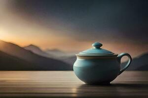a teapot on a table with mountains in the background. AI-Generated photo